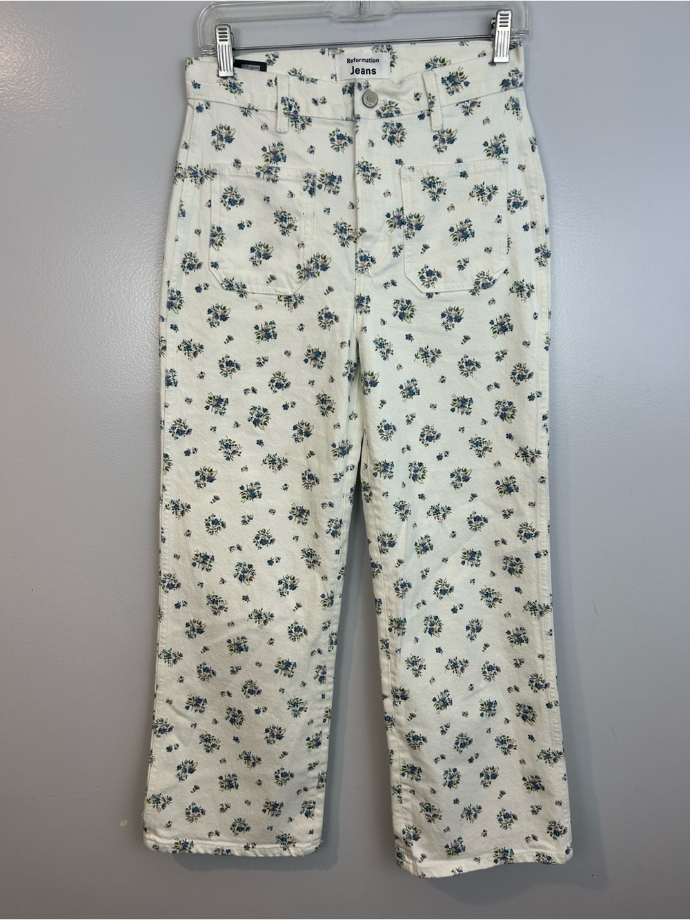 Reformation Alyssa High Rise Wide Leg White/Blue Floral Denim Jeans in Blaire 27